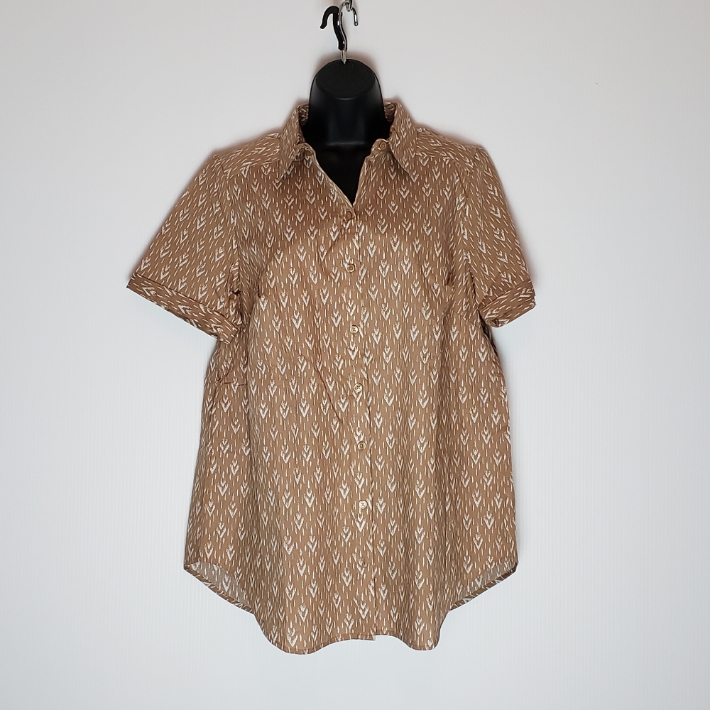 Roman's Tan/White Short Sleeve Button Down Shirt